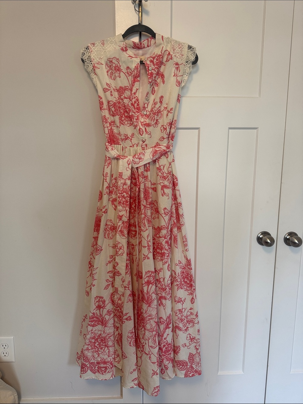 Cream Maxi Dress with Red Floral Pattern and Lace Shoulders